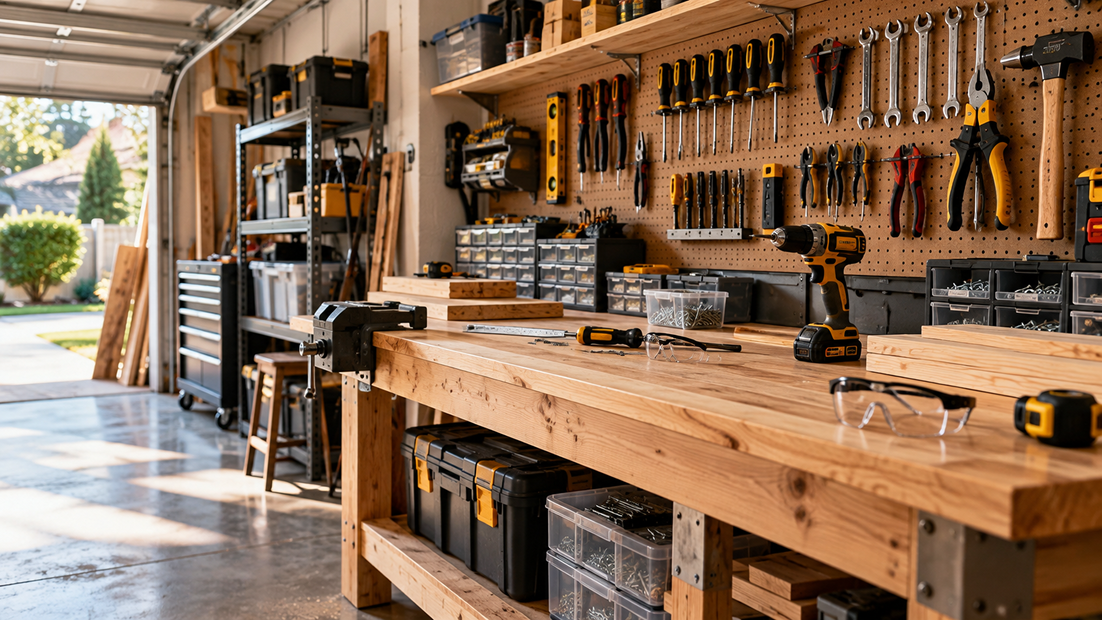 Organized hand tools and hardware in a home workshop drawer